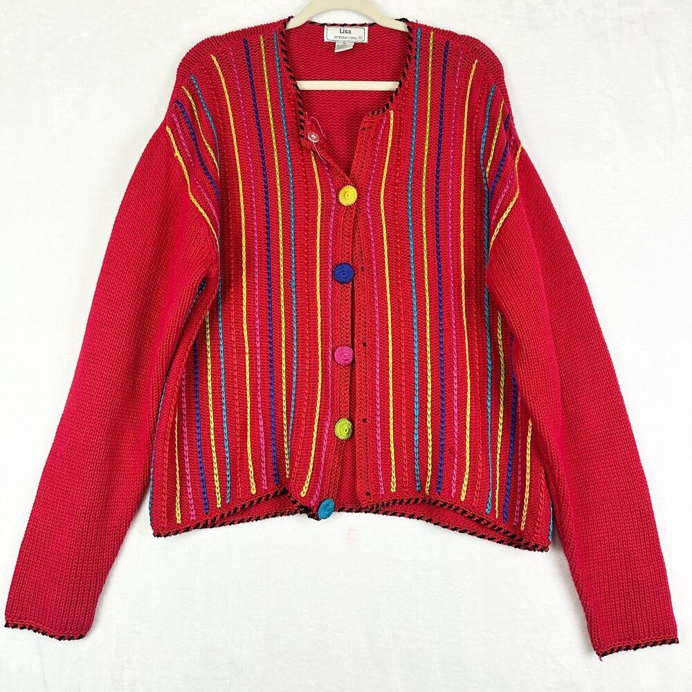 Lisa International Vibrant Red Cardigan with Colorful Stripes